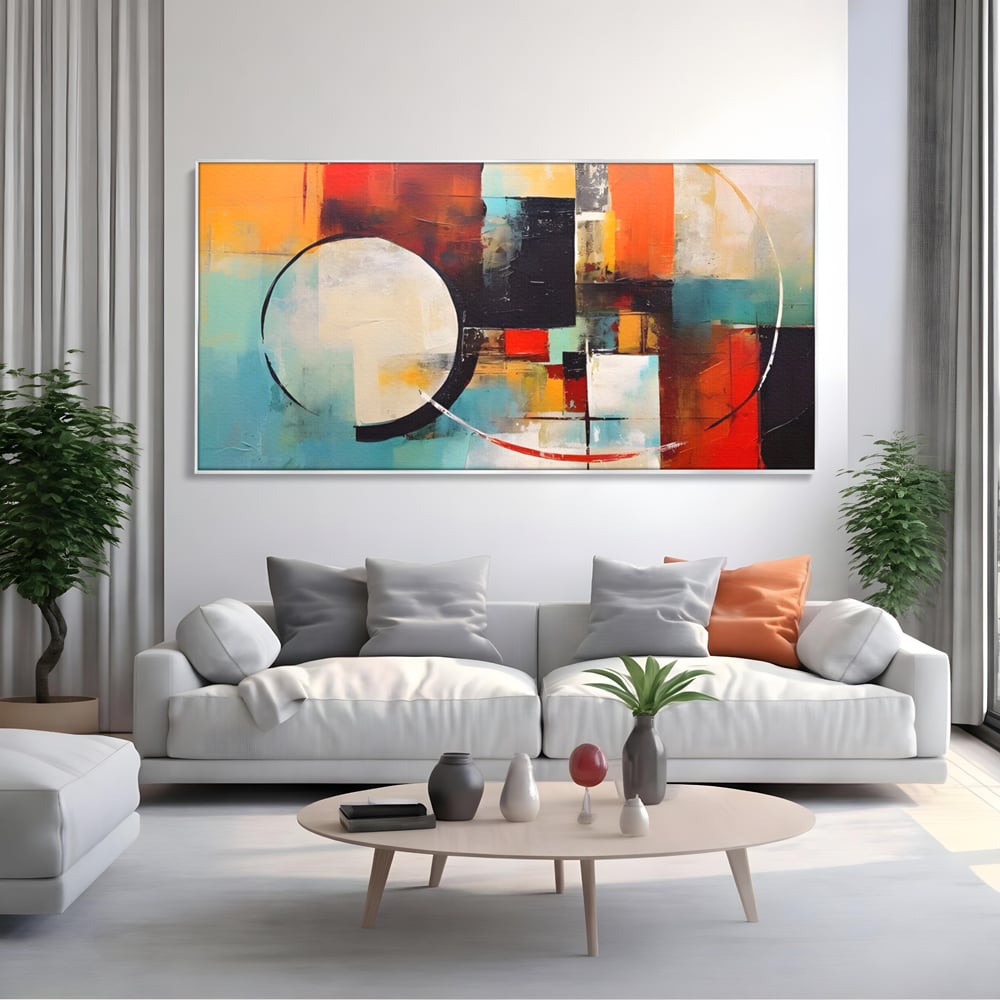 Tablou canvas cu pictura abstracta cu cercuri si linii, in rama de aluminiu argintiu, pe perete intr-un living